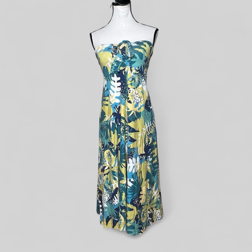 Patagonia green tropical print strapless dress